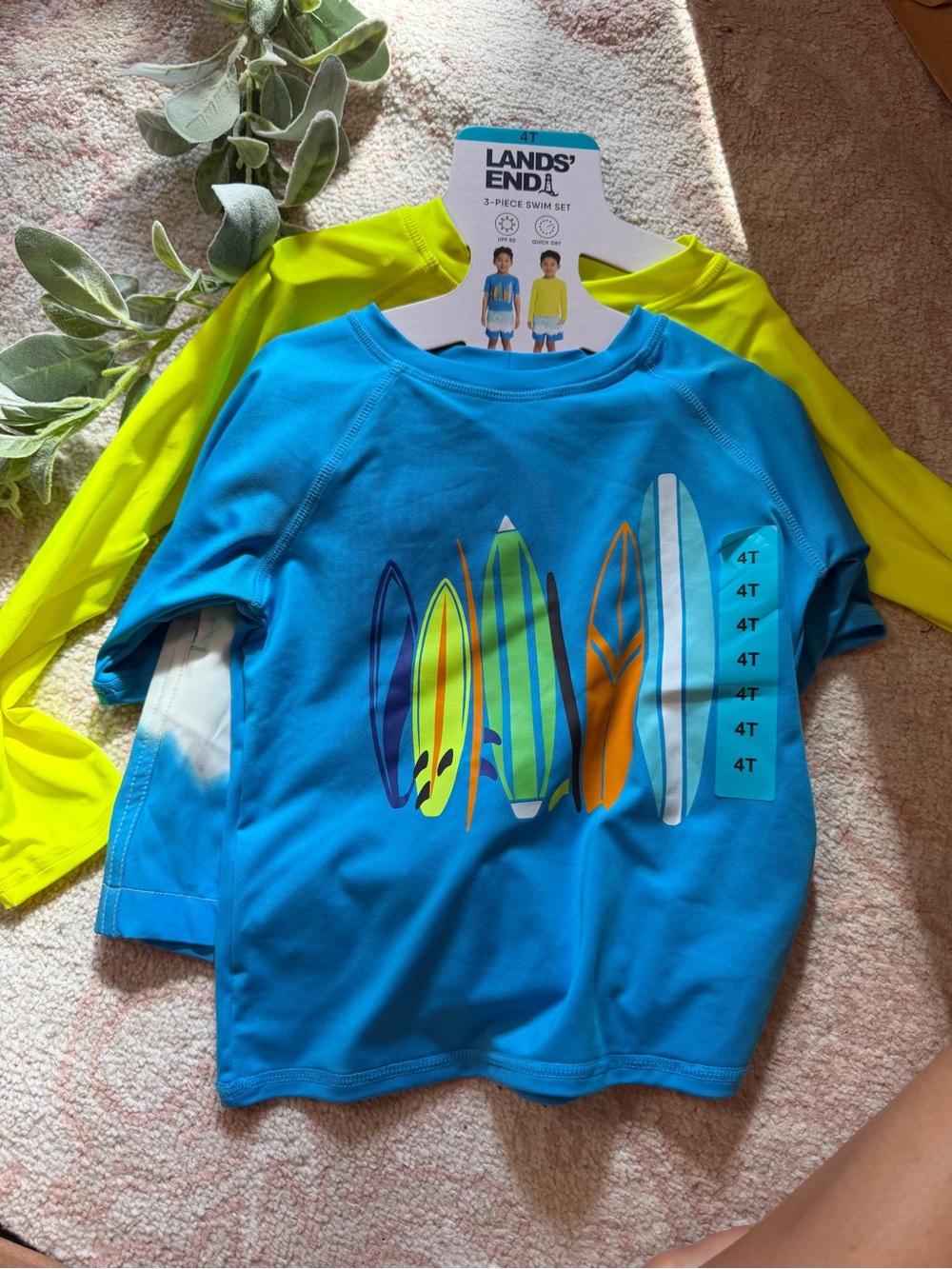 NWT Lands' End Boys' 3-Piece Swim Set - Blue & Neon Yellow 4T